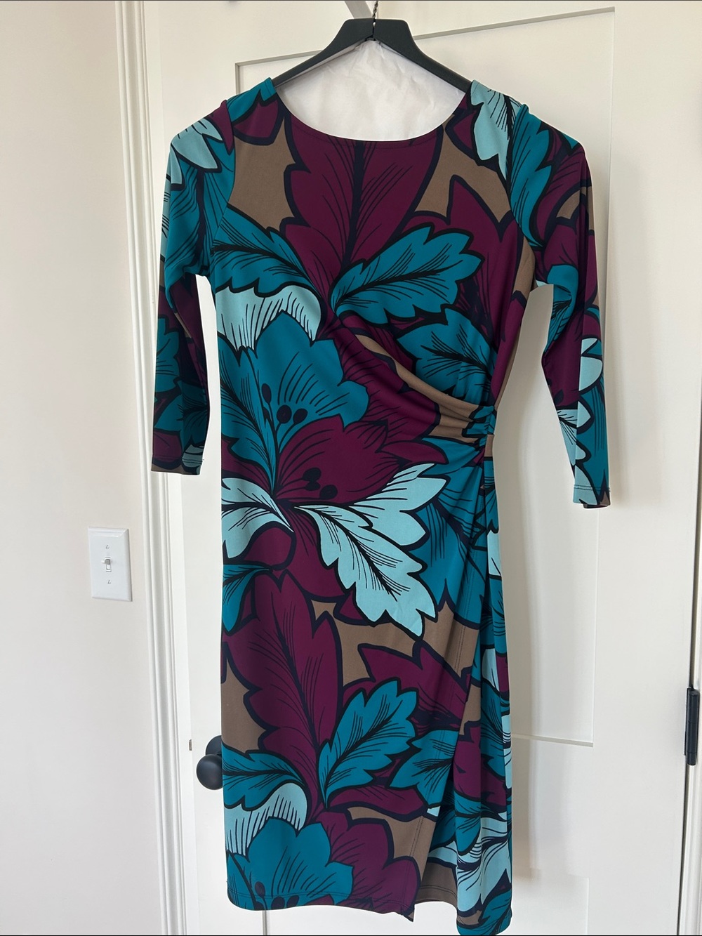 Talbots Teal and Plum Floral Wrap-Style Midi Dress